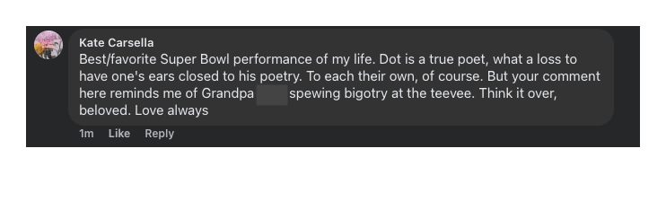 Kate Carsella's reply to a cousin's racist comment RE Kendrick Lamar's Super Bowl performance stating: "Best/favorite Super Bowl performance of my life. Dot is a true poet, what a loss to have one's ears closed to his poetry. To each their own, of course. But your comment here reminds me of Grandpa spewing bigotry at the teevee. Think it over, beloved. Love always" 