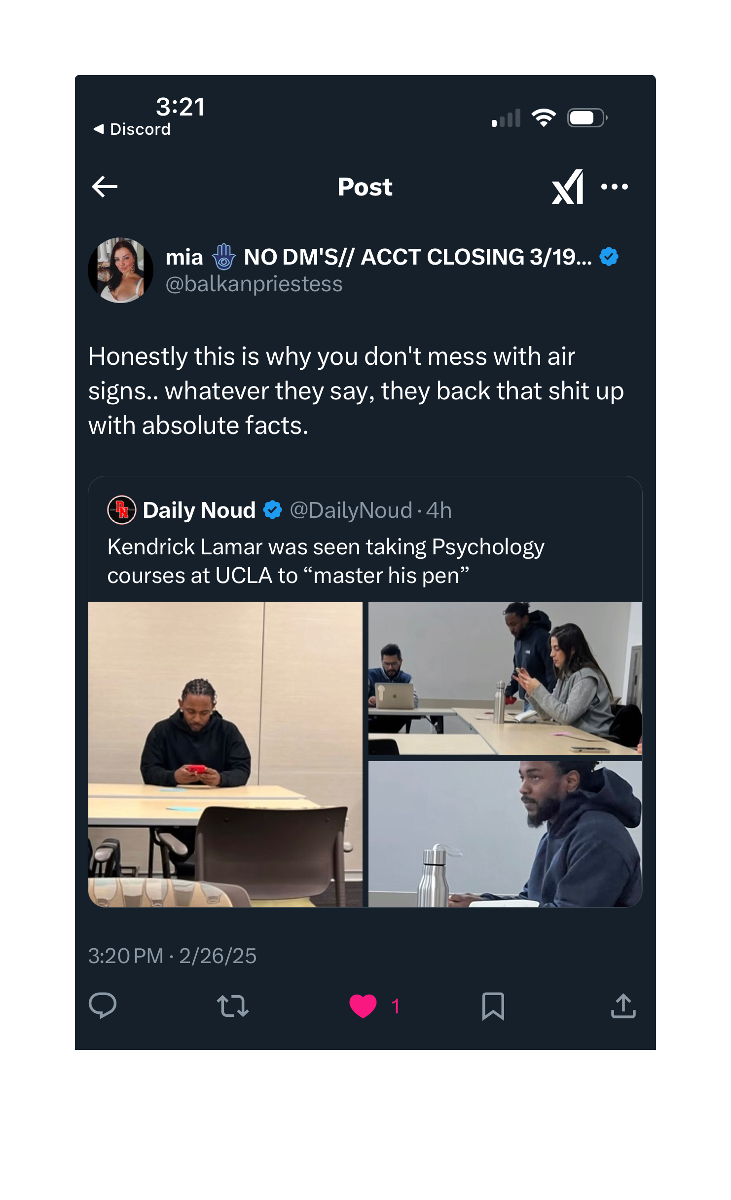 QT of tweet from @DailyNoud "Kendrick Lamar was seen taking Psychology courses at UCLA to “master his pen”" from @balkanpriestess saying "Honestly this is why you don't mess with air signs.. whatever they say, they back that shit up with absolute facts."