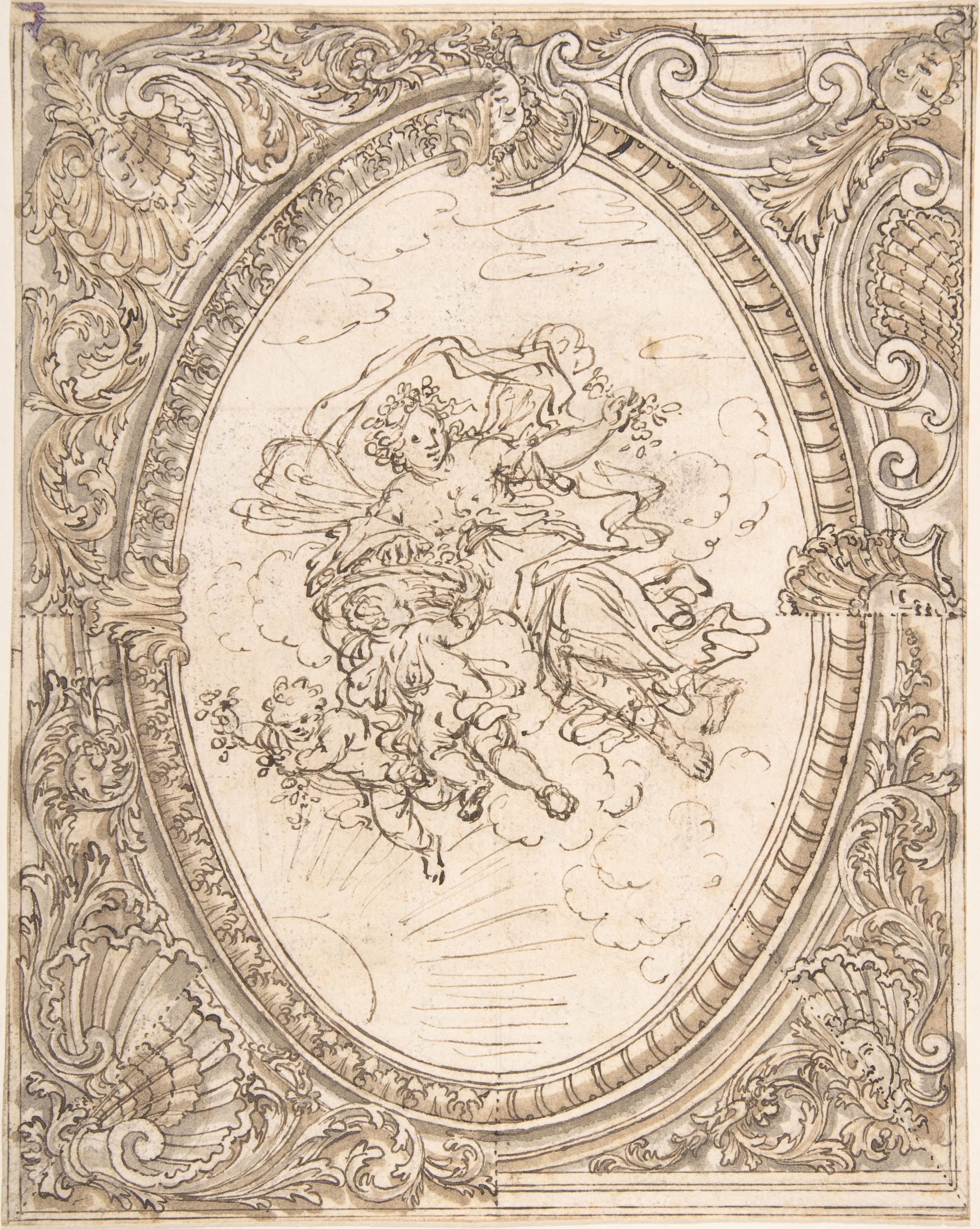 Design for a ceiling with an oval compartment containing an Allegory of Dawn. The scene is surrounded by an elaborately decorated frame with a variant for the right side.